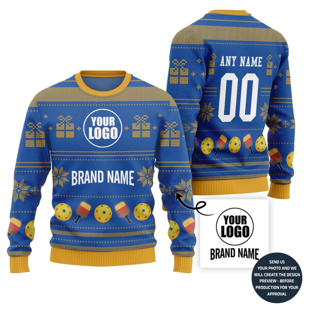 Custom Logo And Team Name Pickleball Ugly Christmas Sweater
