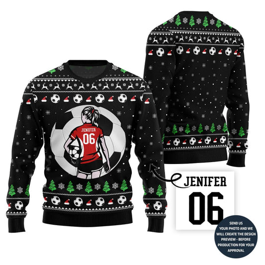 Custom Name And Number Soccer Xmas Sweater For Women