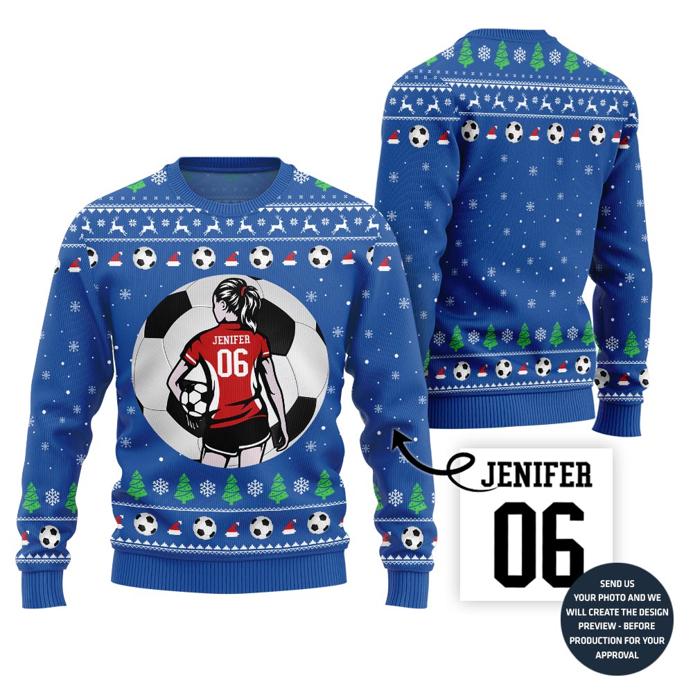 Custom Name And Number Soccer Xmas Sweater For Women