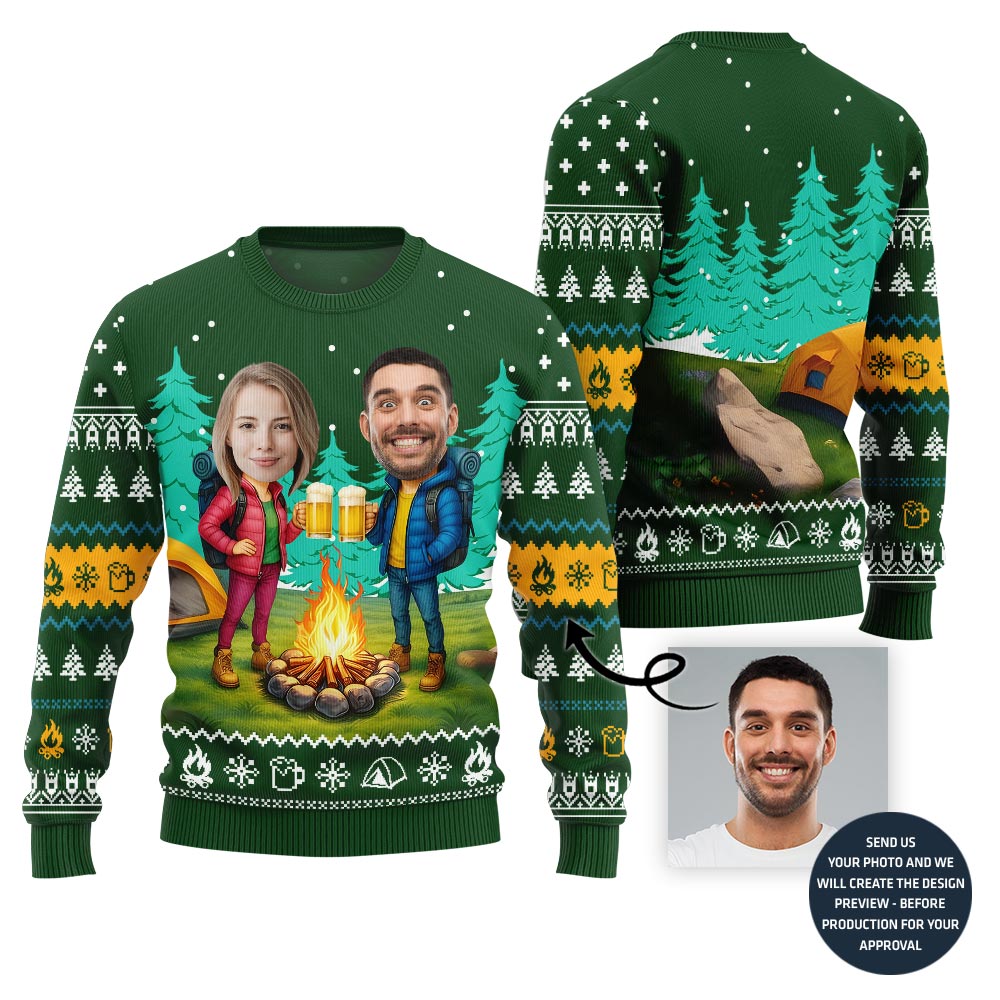 Customized Face Couple Camping With Beer Xmas Sweater