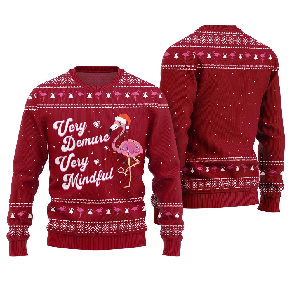 Hilarious Demure Mindful Flamingo Ugly Xmas Sweater Red