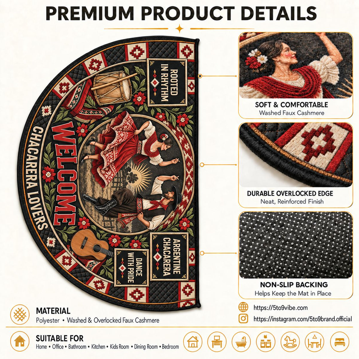 Half Round Mat faux cashmere material, semicircle shape and non-slip backing details