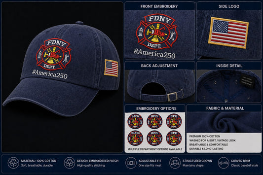 Firefighter Cap America 250 Anniversary Embroidered Logo Wash Embroidered Premium Wash Cap
