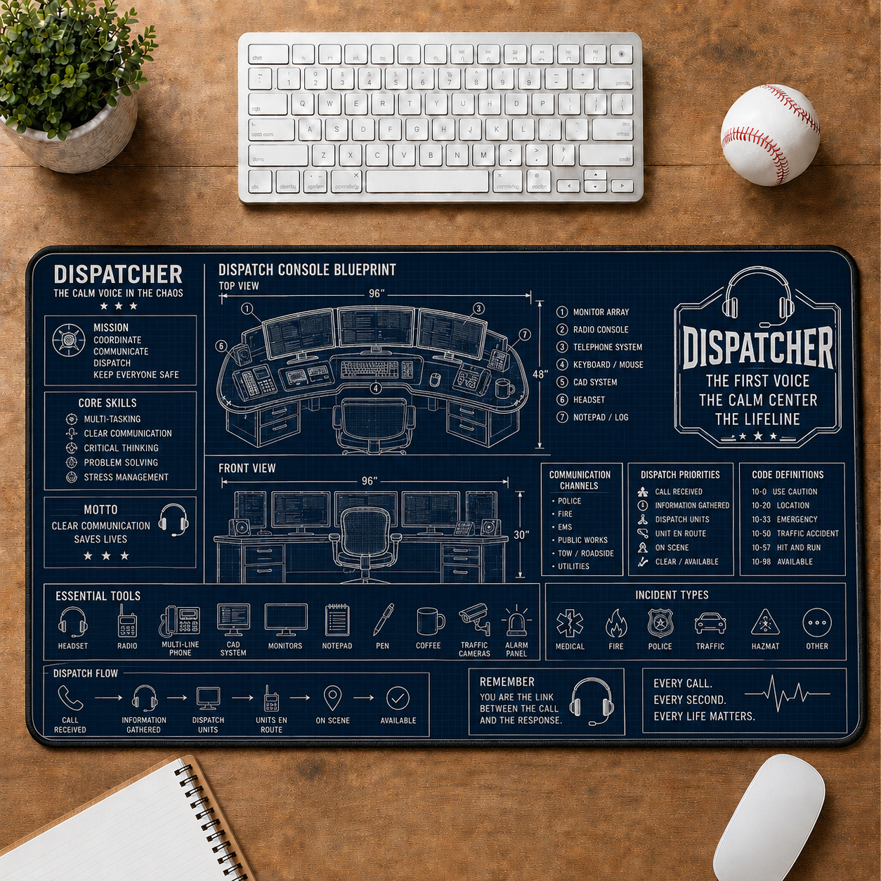 Police Officer Mat: Police Patrol Vehicle Blueprint Large Desk Mat - Law Enforcement & Tactical Gear Plus Size Mouse Pad - 5to9vibe