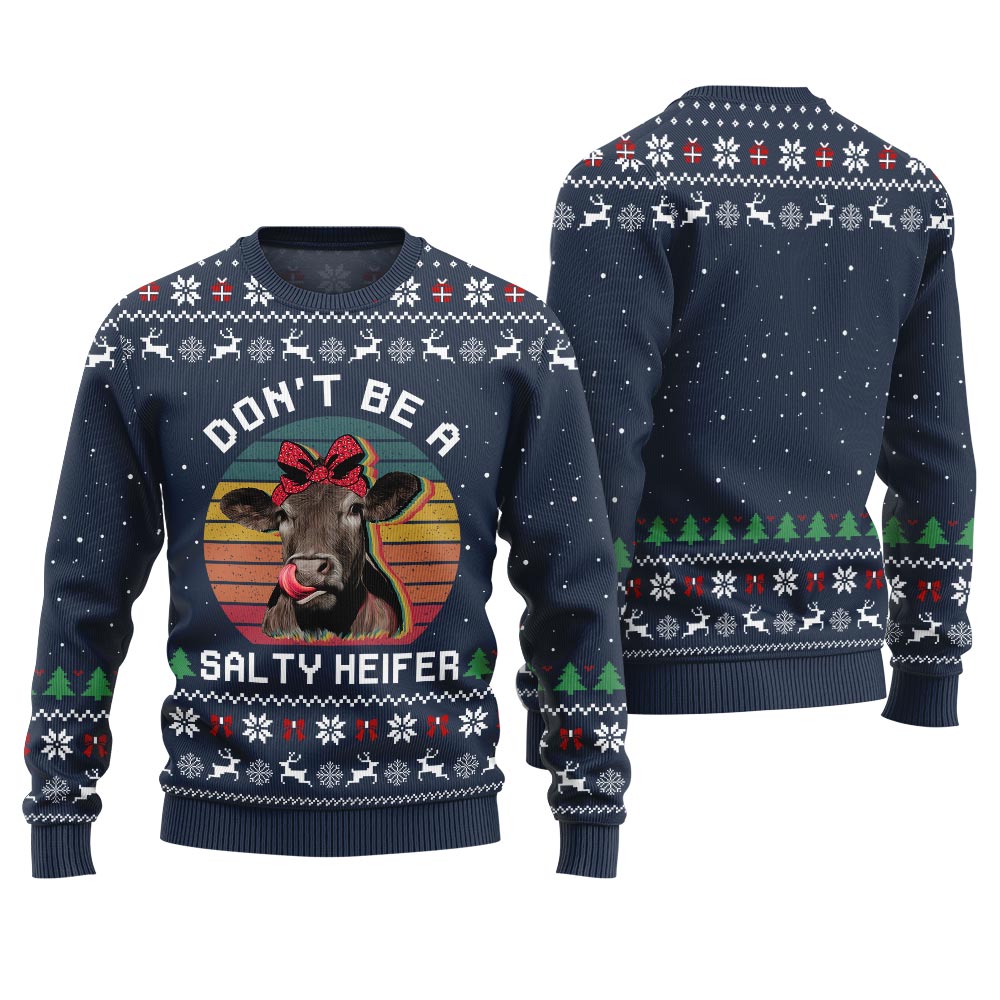 Dont Be a Salty Heifer Cow Ugly Christmas Sweater Navy