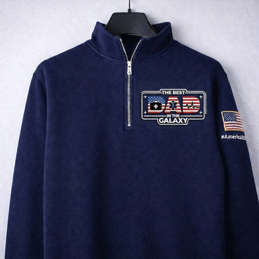 EMT The Best Dad In The Galaxy America 250 Anniversary Embroidered Logo Premium Quarter Zip Sweatshirt, Inspired Quarter Zip Sweater