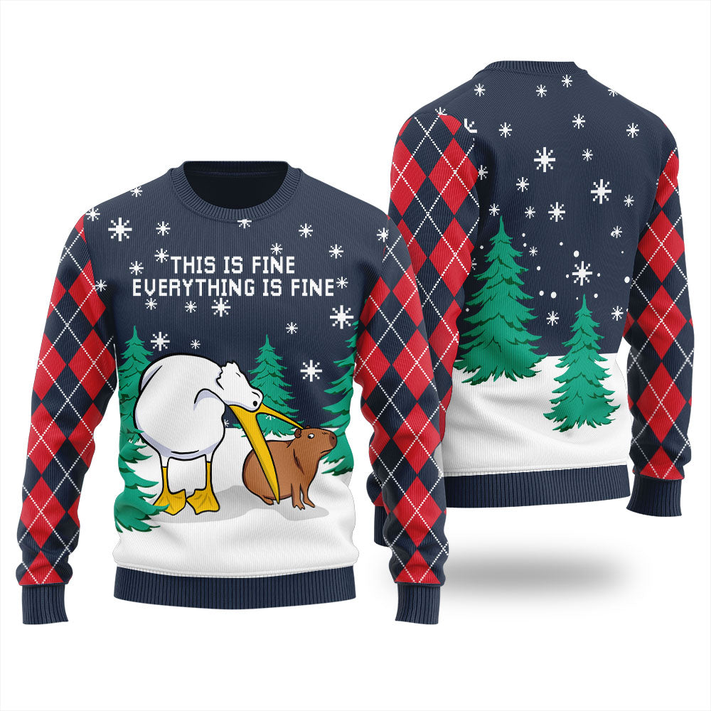 Everything Is Fine Capybara Ugly Christmas Sweater Adults