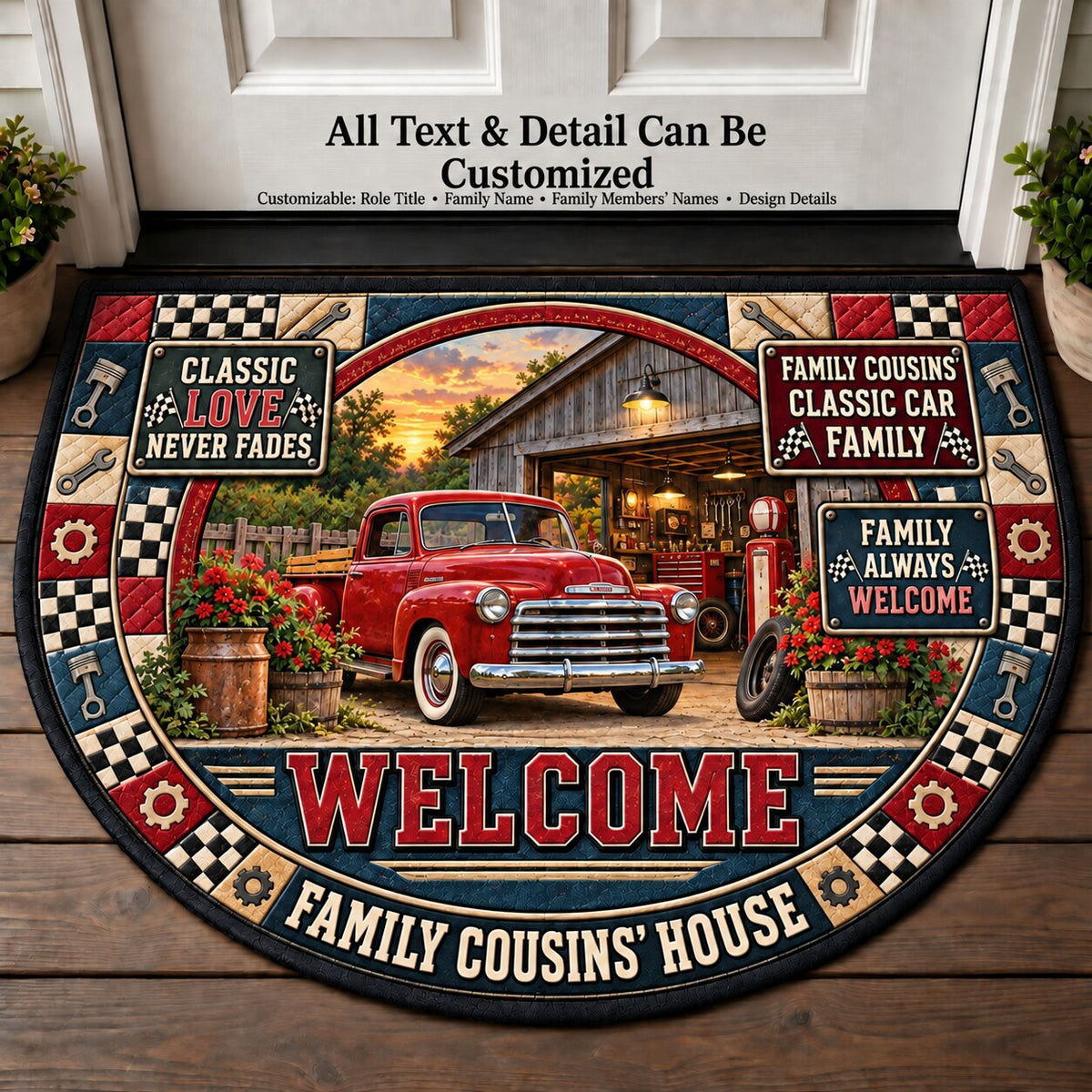 Family Cousins' Classic Car Family Personalized Half Round Mat | 5To9Vibe
