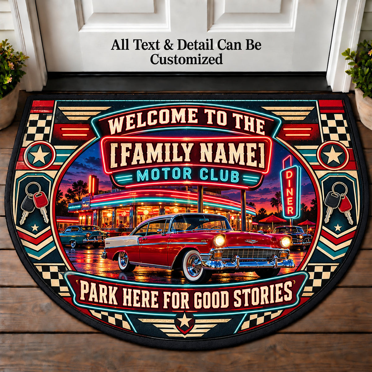 Neon Diner - Family Motor Club Personalized Half Round Mat | 5To9Vibe