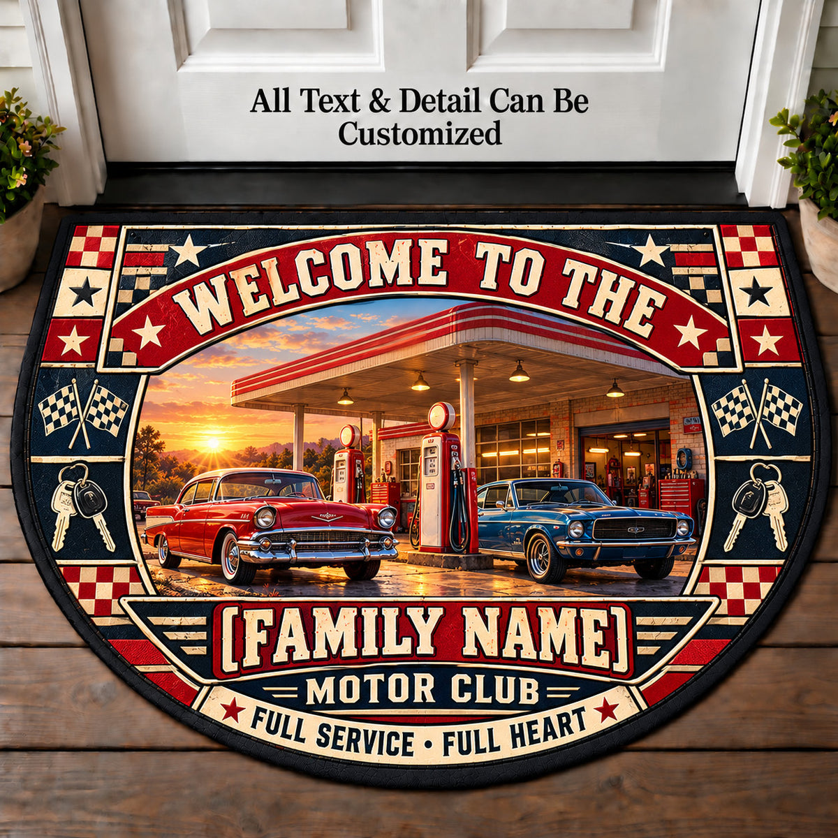 Old Service Station - Family Motor Club Personalized Half Round Mat | 5To9Vibe