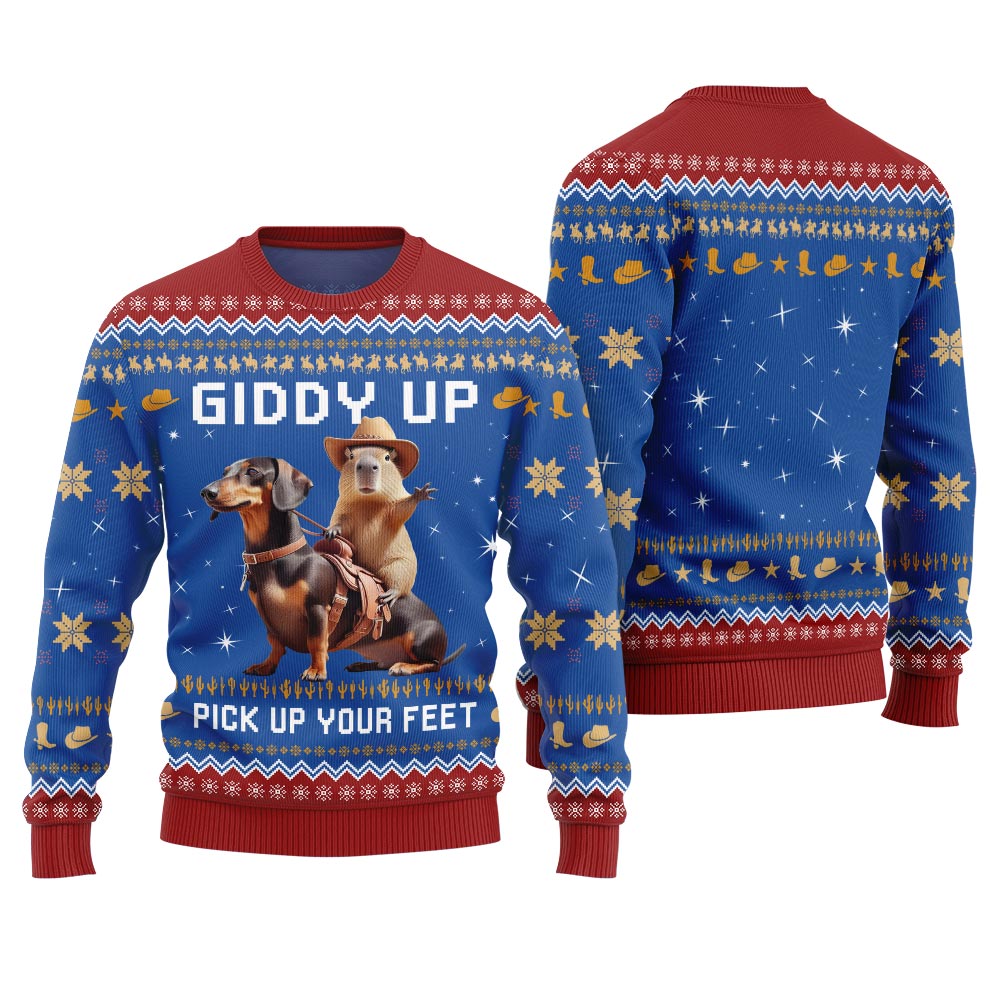 Fearless Cowboy Capybara Dachshund Ugly Christmas Sweater