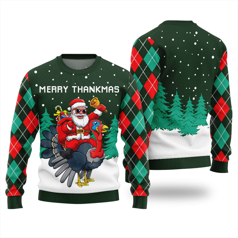 Festive Santa Merry Thankmas Ugly Thanksgiving Sweater Green