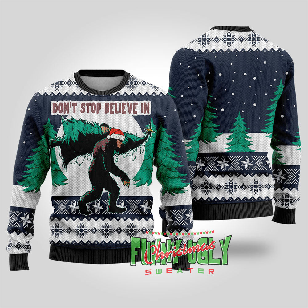 Funny Bigfoot Ugly Christmas Sweater Navy