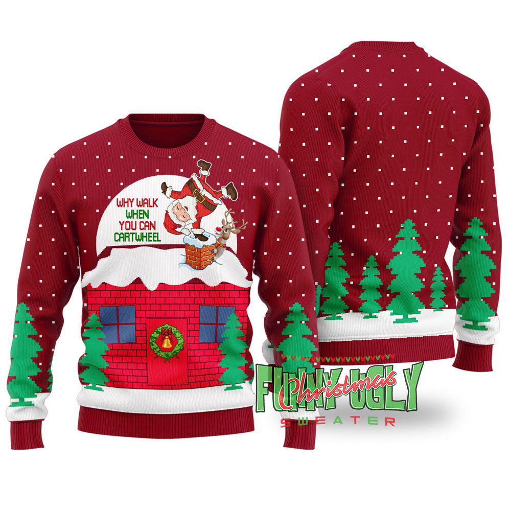 Funny Cartwheel Santa Ugly Christmas Sweater Cardinal Red