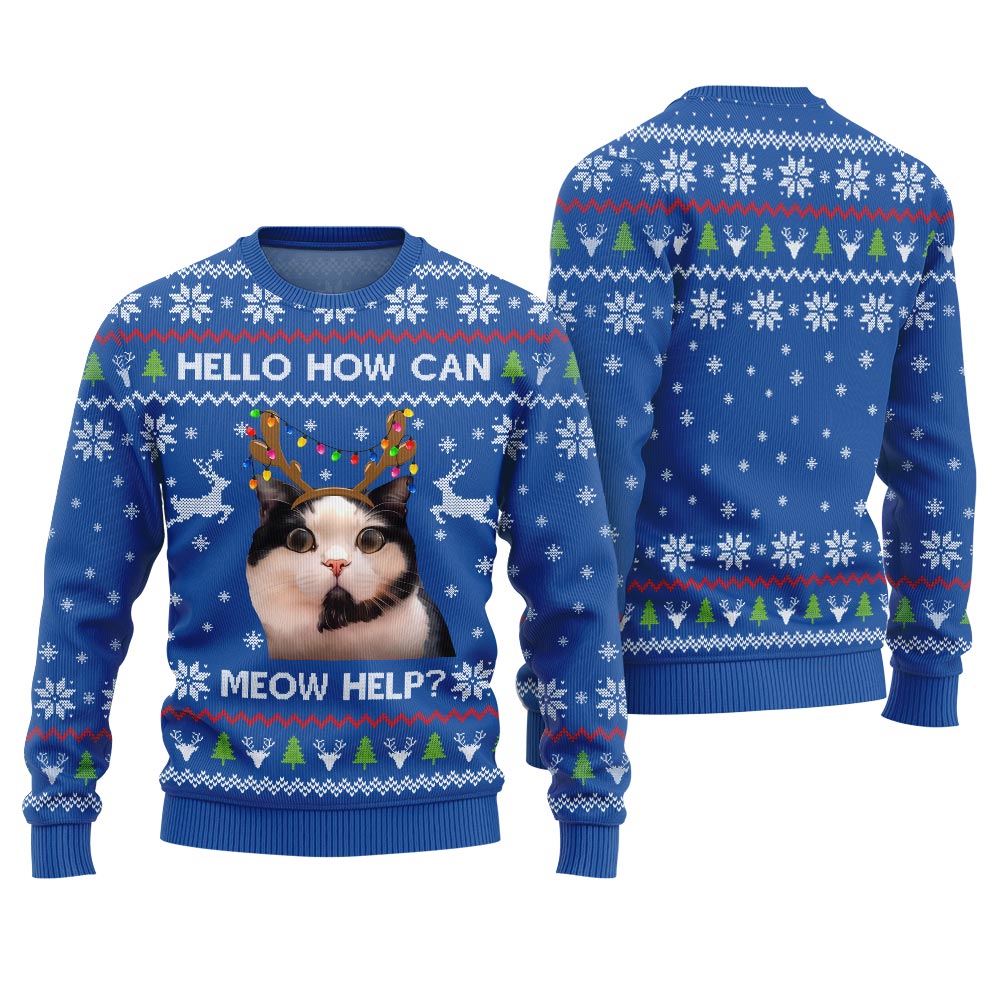 Funny Cat Holiday Sweater - Hello how can meow help?