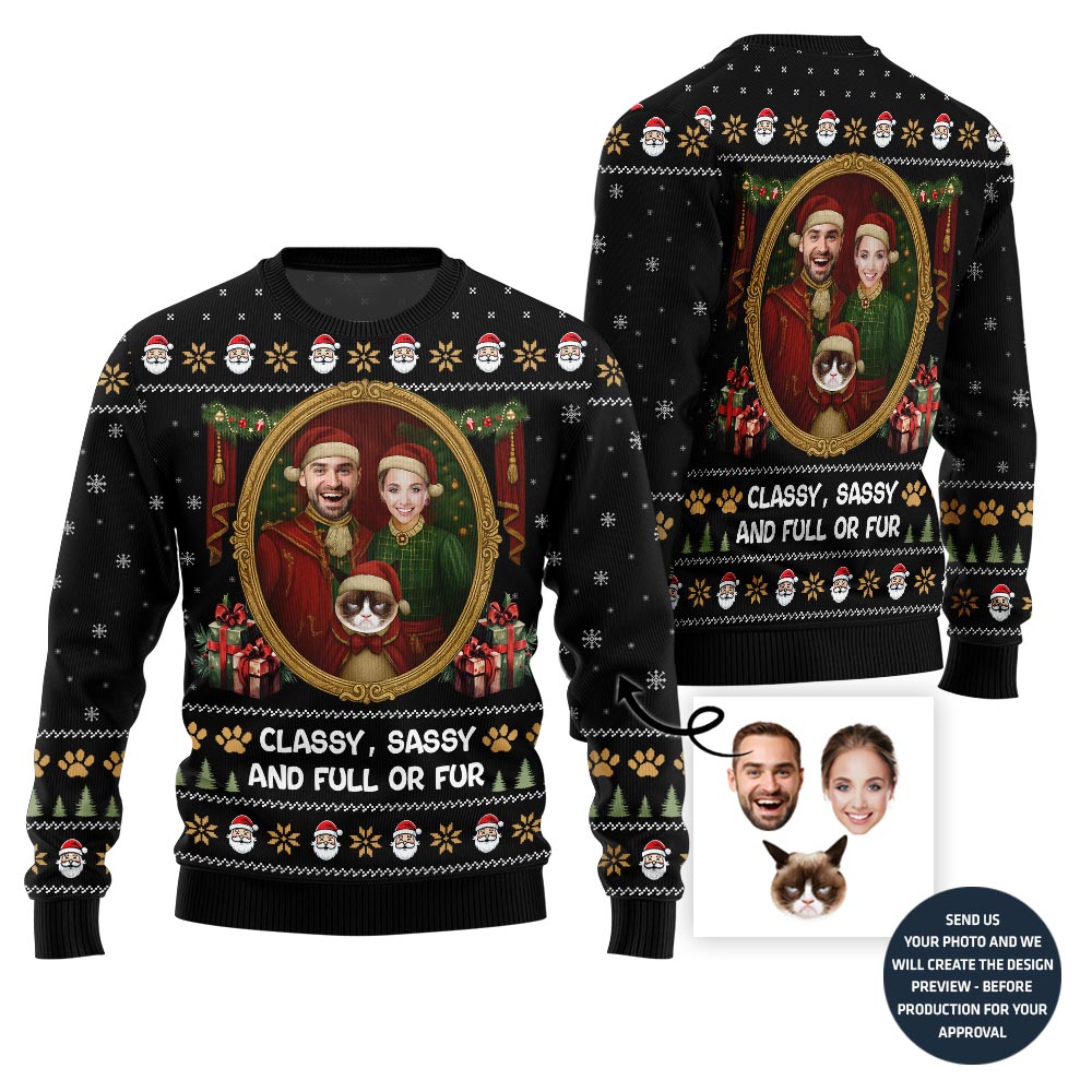 Funny Couple and Pet Portrait Holiday Sweater