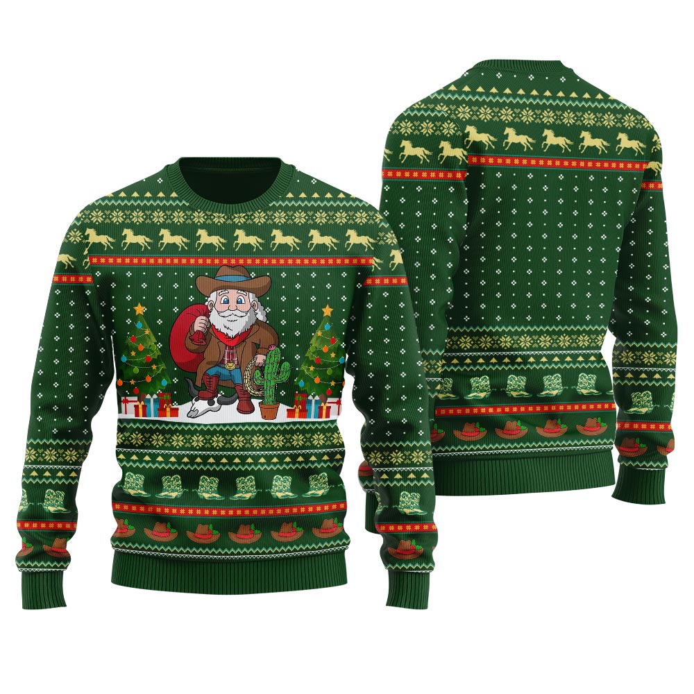 Funny Cowboy Santa Claus Ugly Christmas Sweater Green