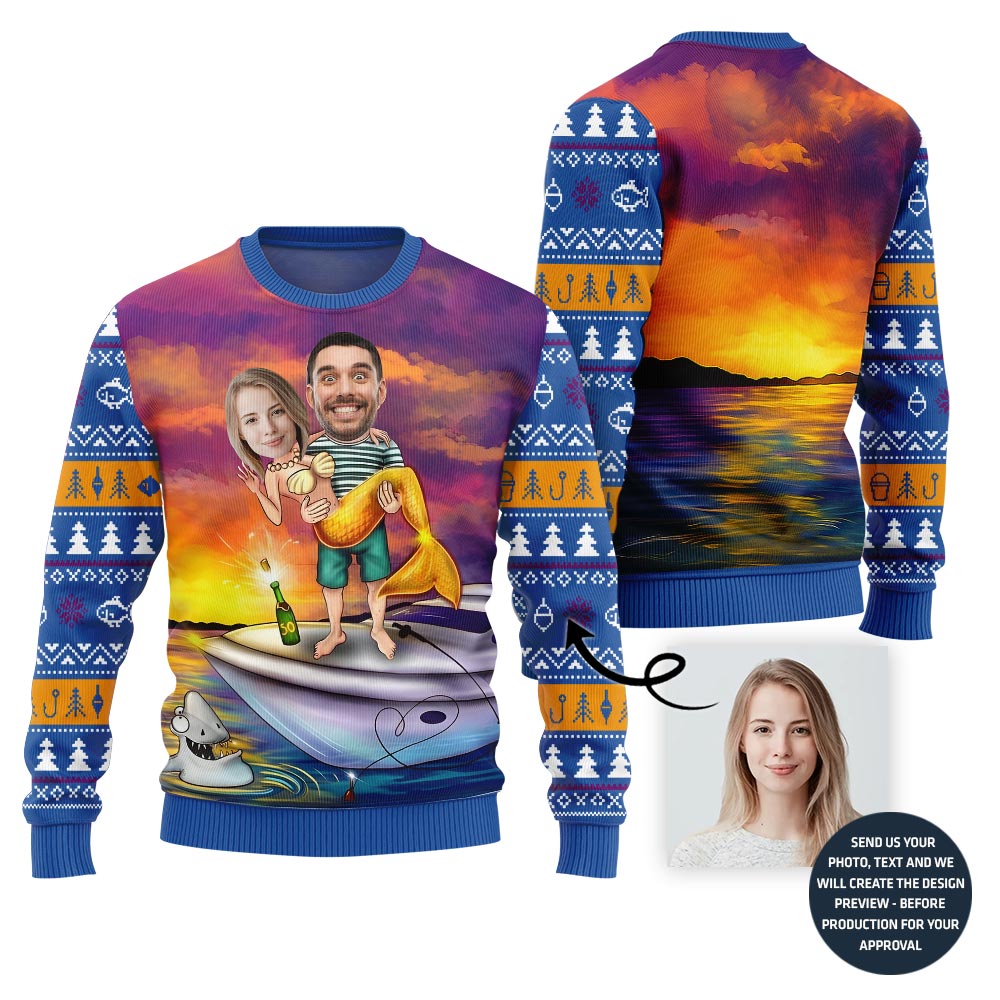 Funny Custom Face Mermaid Couple Ugly Xmas Sweater