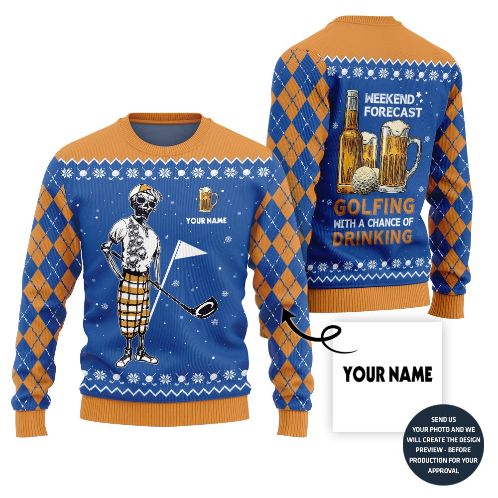 Funny Custom Name Golf And Beer Ugly Christmas Sweater