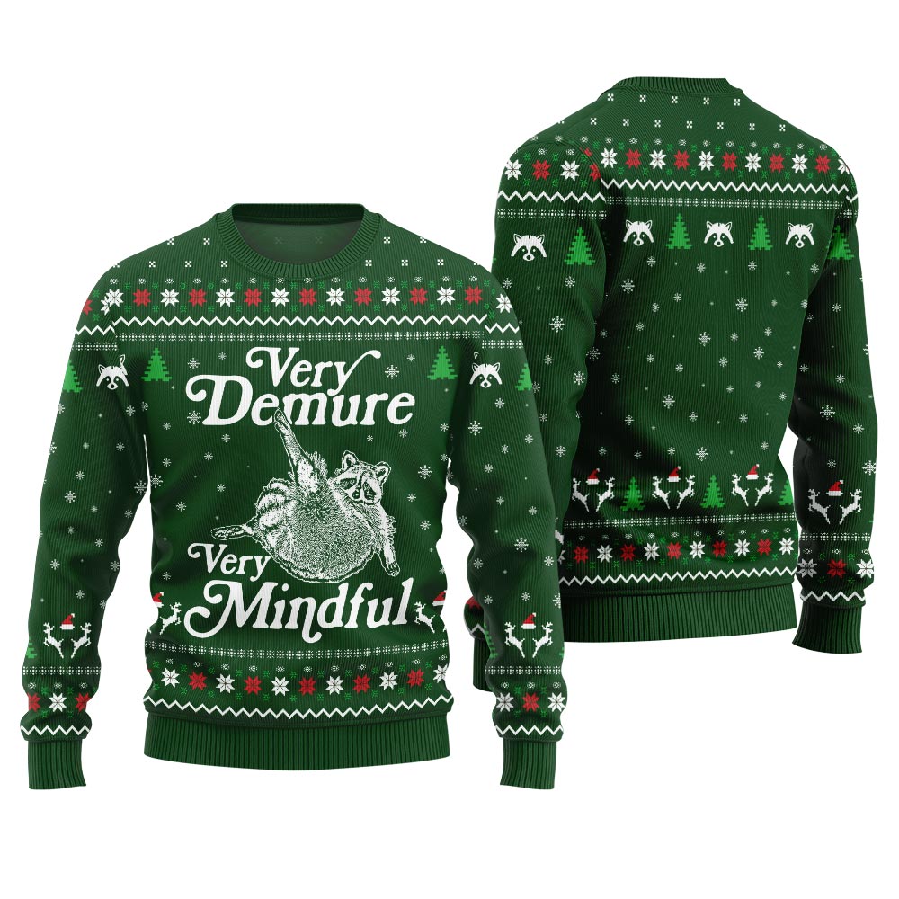 Funny Demure Mindful Racoon Ugly Christmas Sweater Green