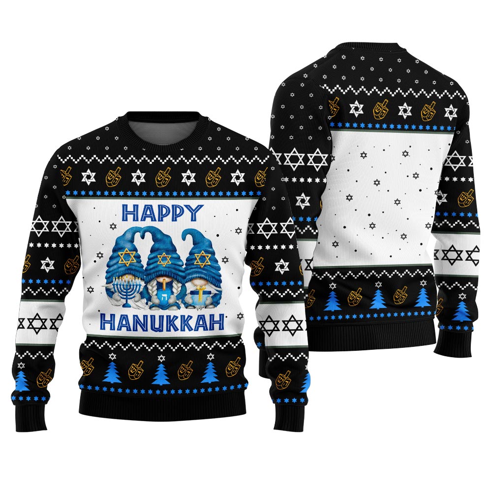Funny Gnome Ugly Hanukkah Sweater Black