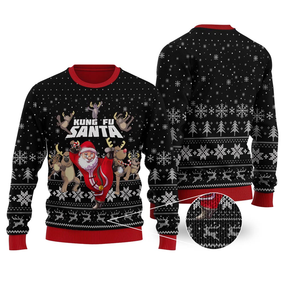 Funny Kungfu Santa Black Ugly Christmas Sweater - Funny Ugly Christmas Sweater