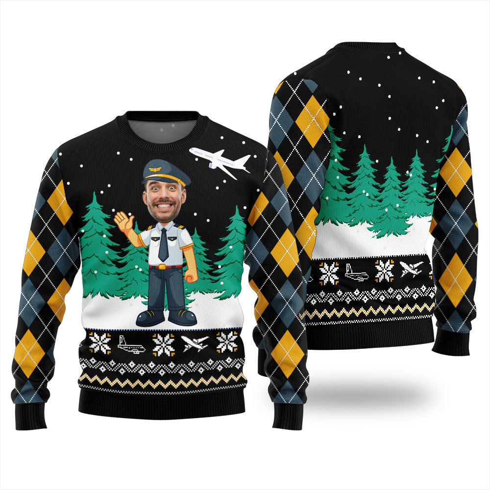 Funny Personalized Face Pilot Ugly Christmas Sweater Black