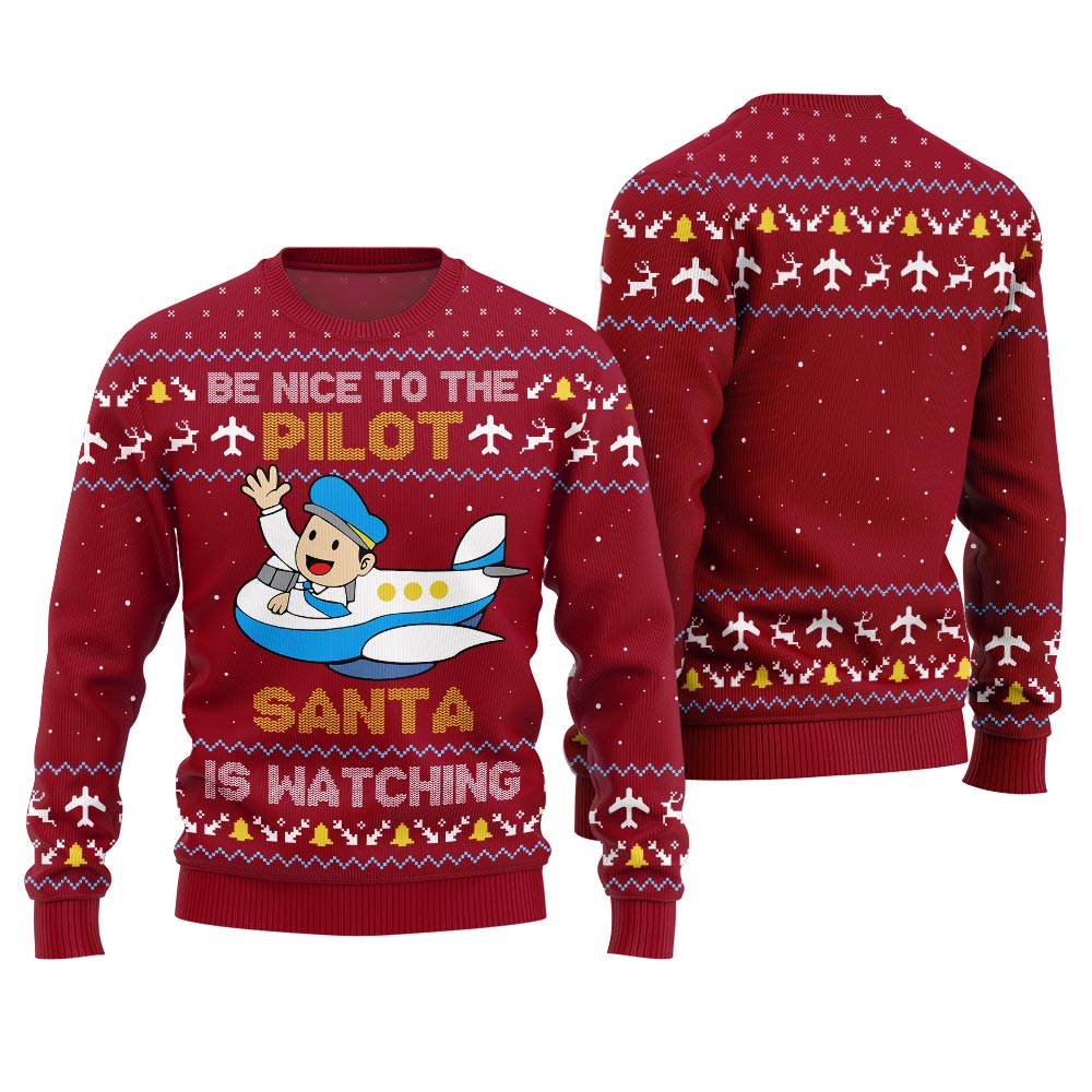 Funny Plane Ugly Christmas Sweater For Pilot Red