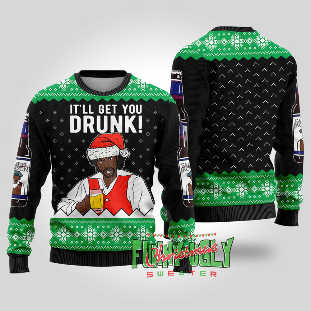 Funny Samuel Jackson Beer Ugly Christmas Sweater Black
