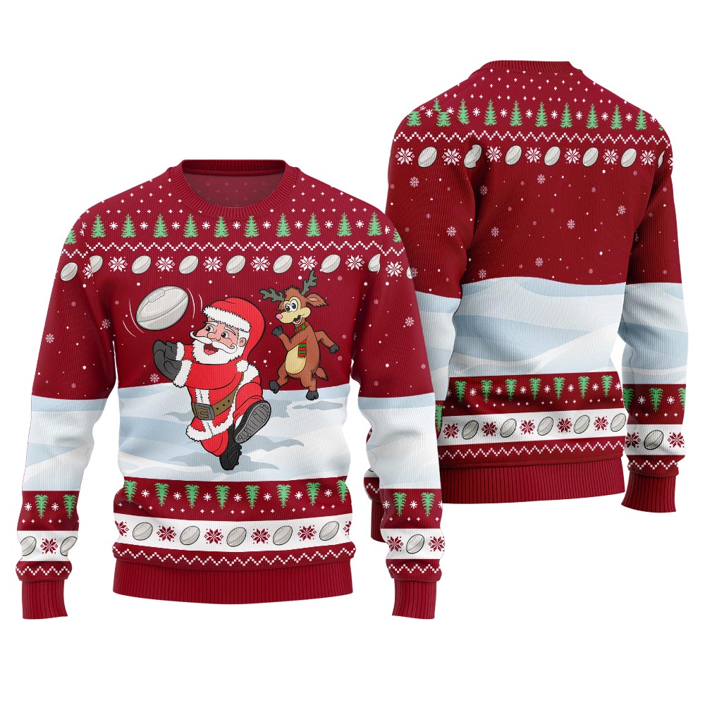 Funny Santa Playing Rugby Ugly Christmas Sweater