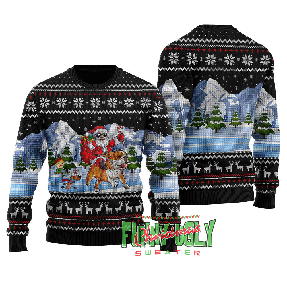 Funny Santa Riding Bulldog Christmas Sweater Black