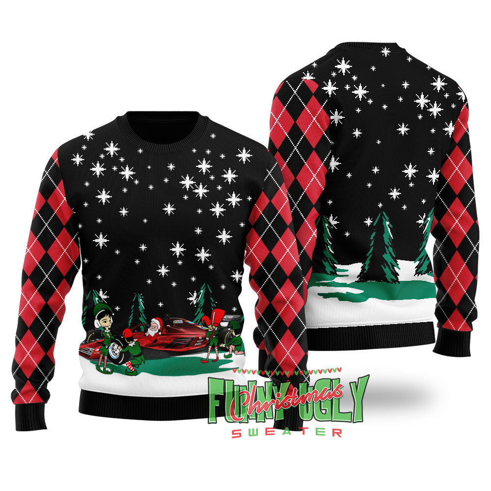 Funny Santa Riding F1 Ugly Christmas Sweater Black