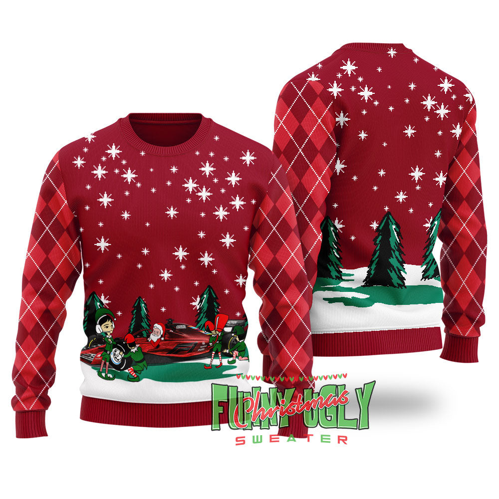 Funny Santa Riding F1 Ugly Christmas Sweater Cardinal Red