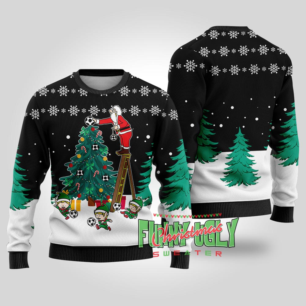 Funny Santa Soccer Ugly Christmas Sweater Black