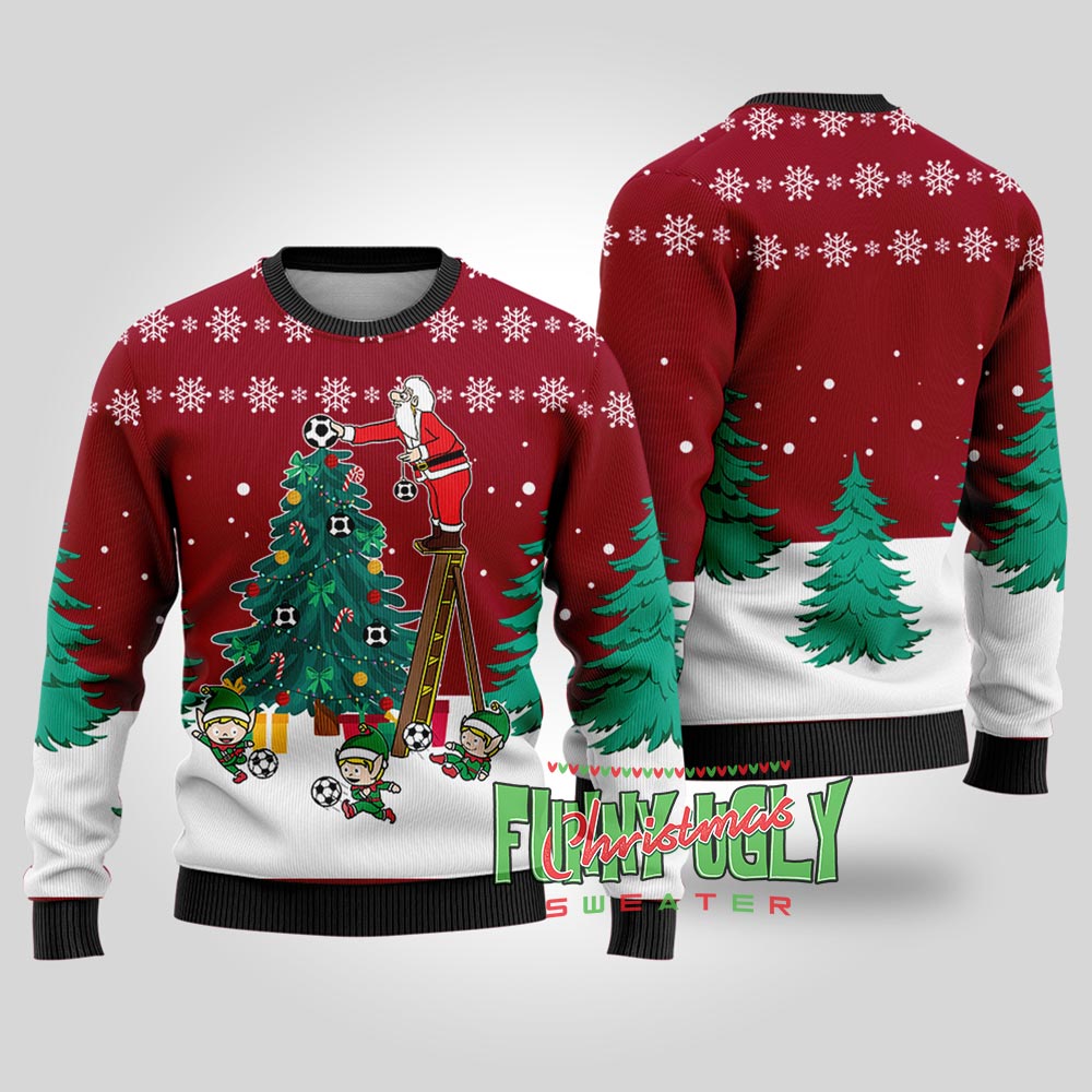 Funny Santa Soccer Ugly Christmas Sweater Cardinal Red