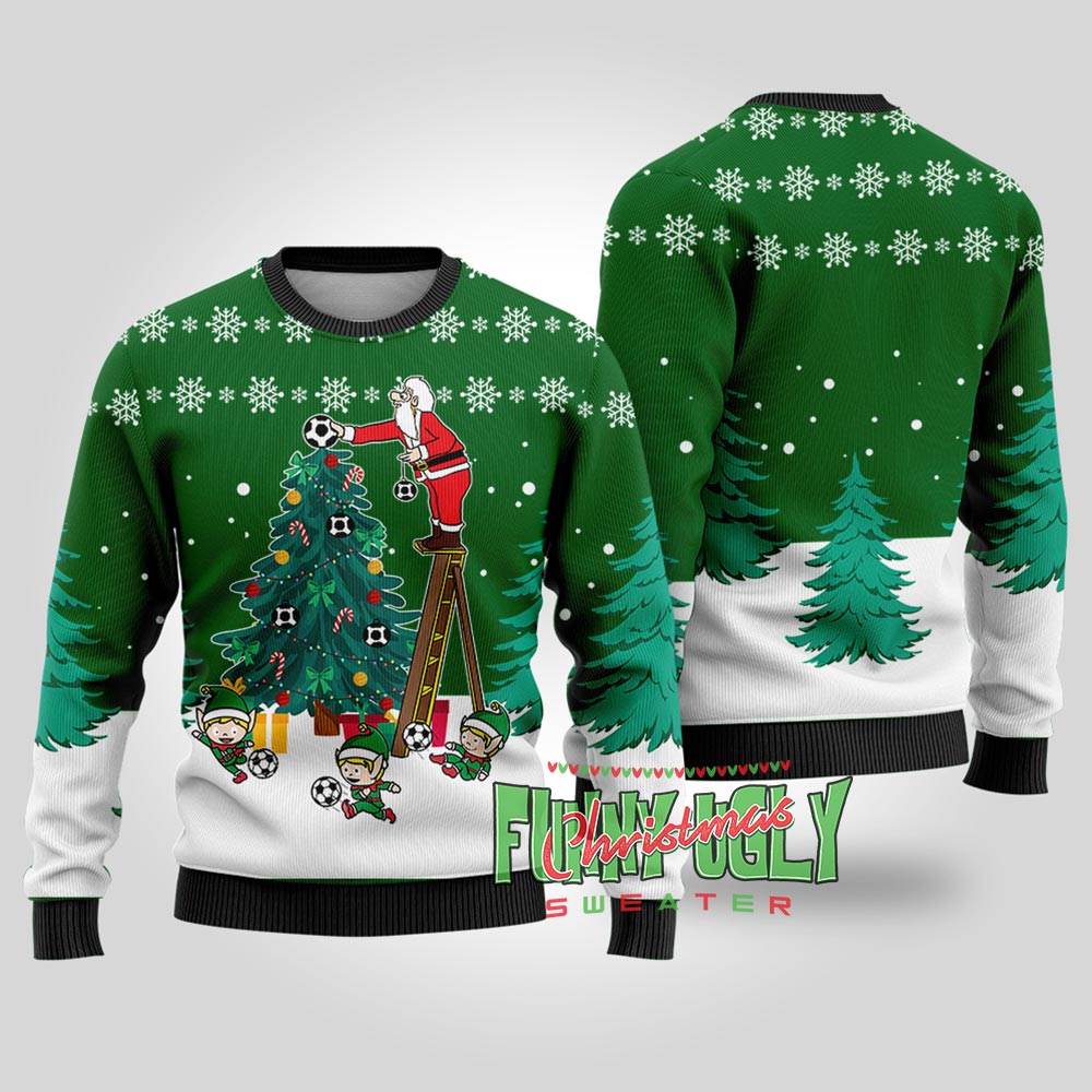 Funny Santa Soccer Ugly Christmas Sweater Forest Green