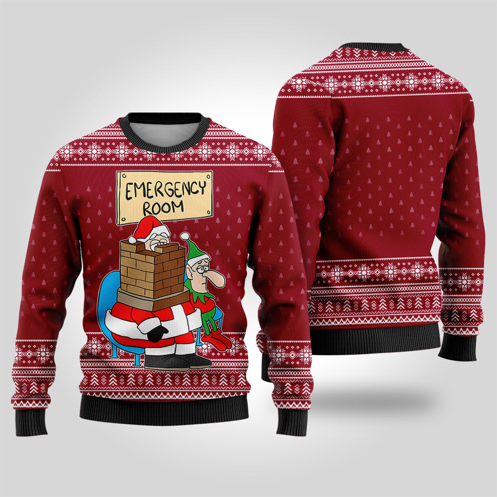 Funny Santa Stuck in Emergency Room Ugly Christmas Sweater Cardinal Red