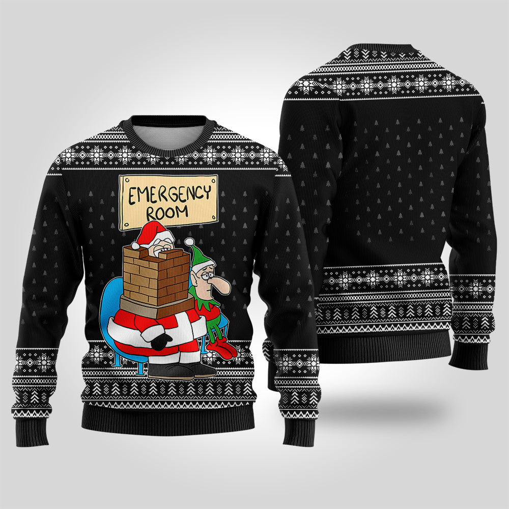 Funny Santa Stuck in Emergency Room Ugly Christmas Sweater Black