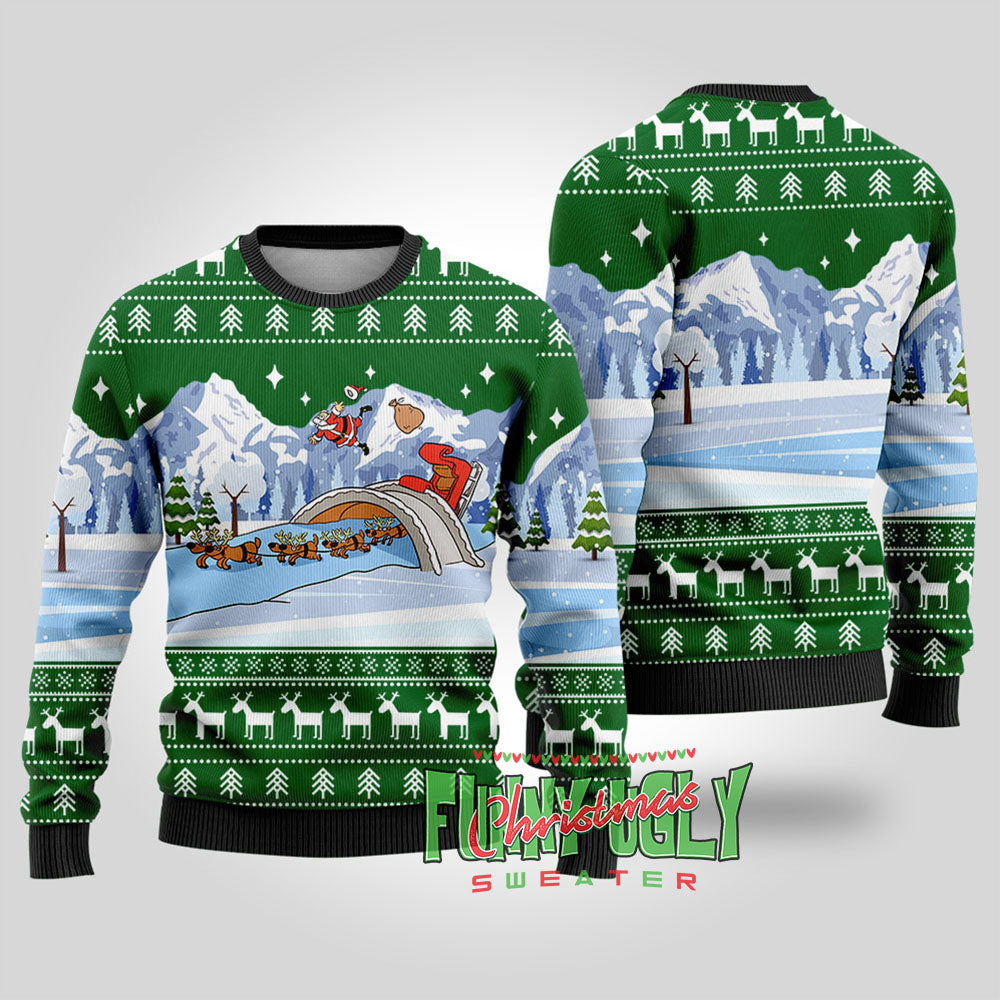 Funny Santa's Sleigh Ugly Christmas Sweater Forest Green