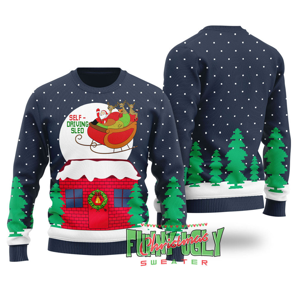 Funny Self-driving Sled Ugly Christmas Sweater Navy