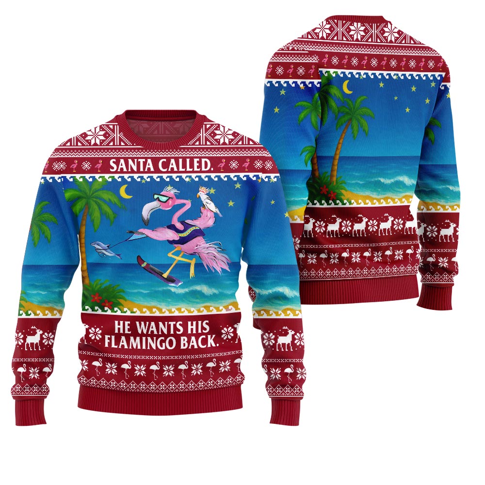 Funny Surfing Flamingo Santa Rescue Ugly Christmas Sweater
