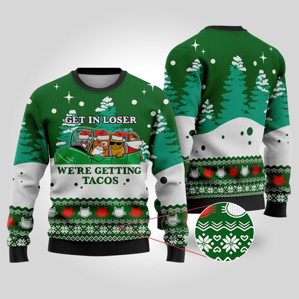 Funny Tacos Cat Christmas Sweater Forest Green