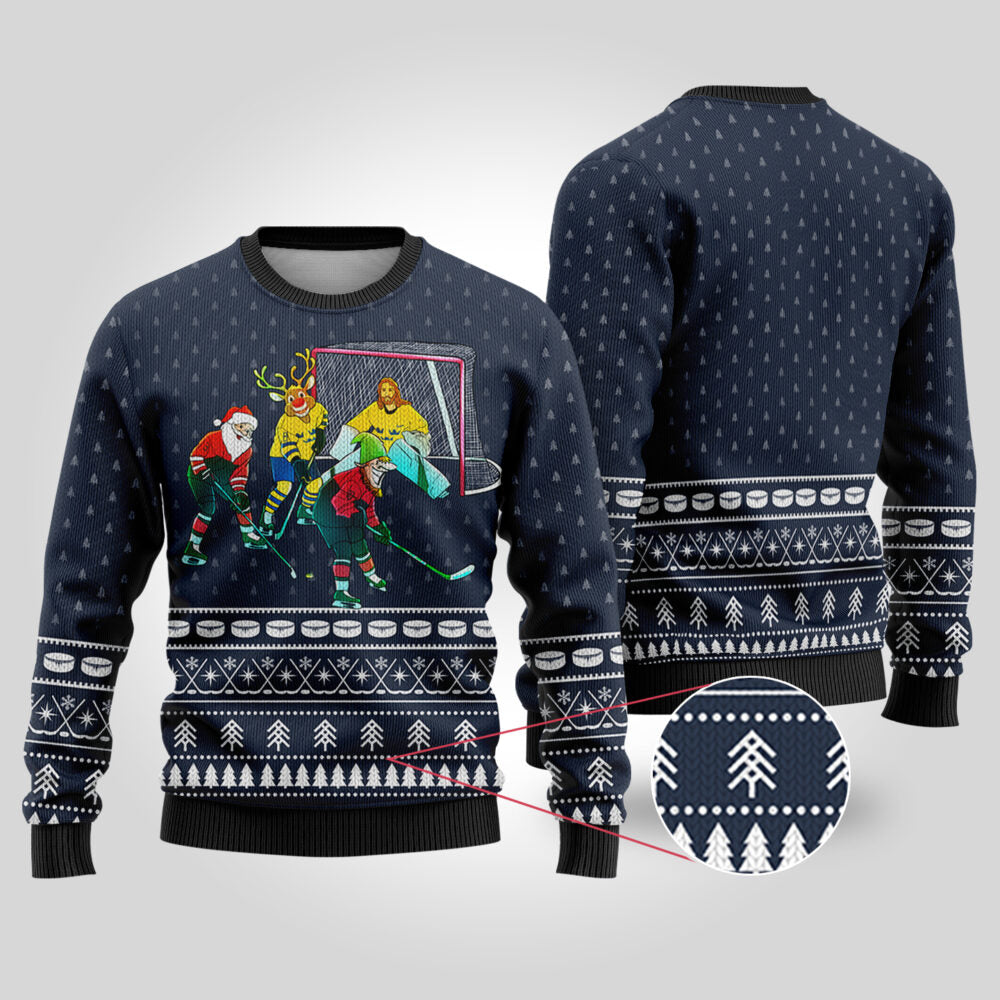 Funny Ugly Christmas Sweater Hockey Hobby Navy - Funny Ugly Christmas Sweater