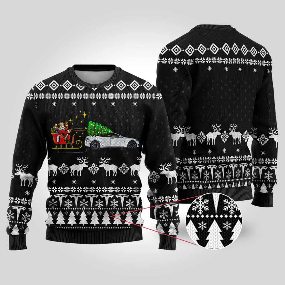 Funny Ugly Christmas Sweater Testla Car Black - Funny Ugly Christmas Sweater