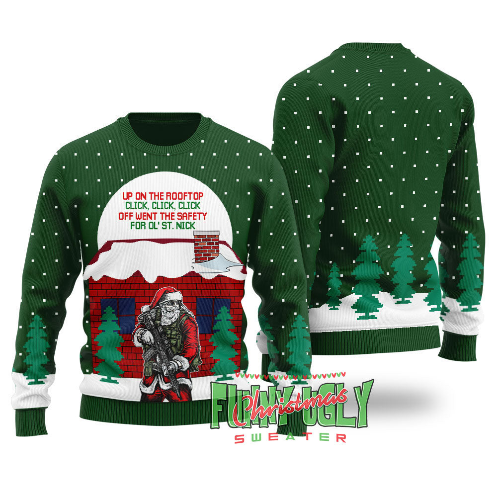 Funny Up On The Housetop Ugly Christmas Sweater Forest Green