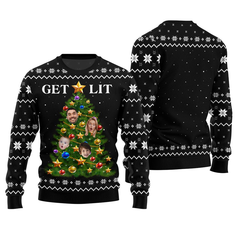 Get Lit Ugly Christmas Sweater Custom Face Family Members