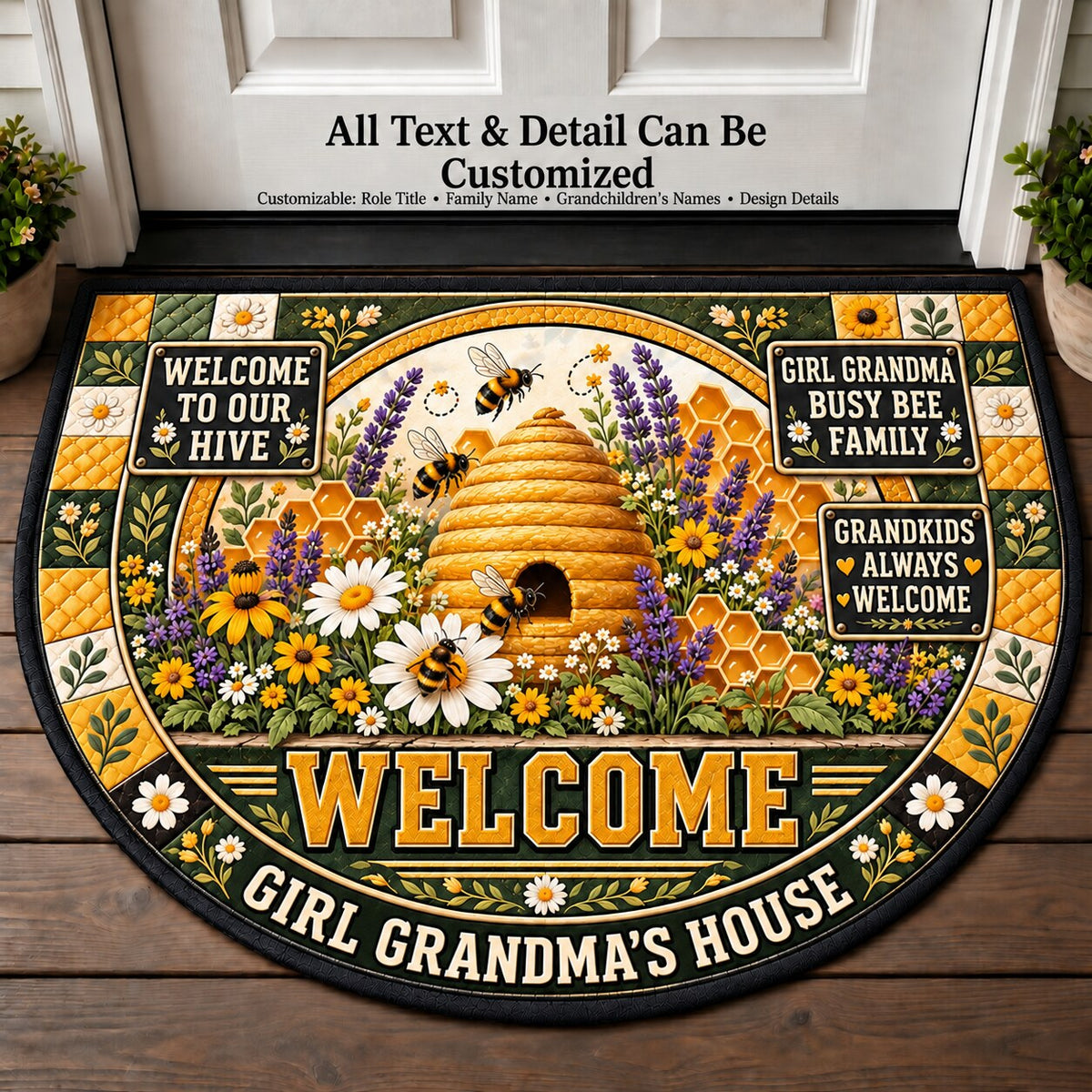 Girl Grandma's Busy Bee Family Personalized Half Round Mat | 5To9Vibe