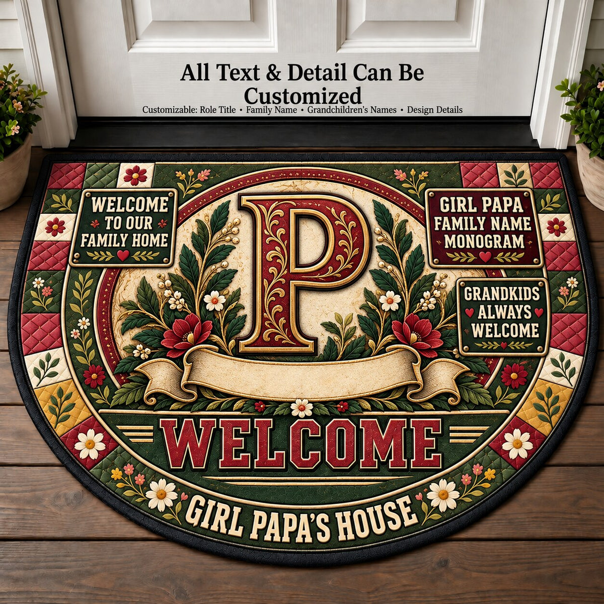 Girl Papa's Family Name Monogram Personalized Half Round Mat | 5To9Vibe