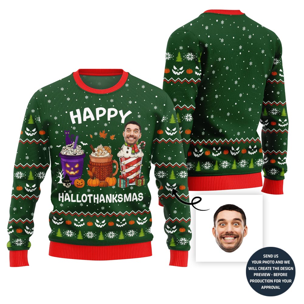Happy Hallothanksmas Custom Face Ugly Christmas Sweater
