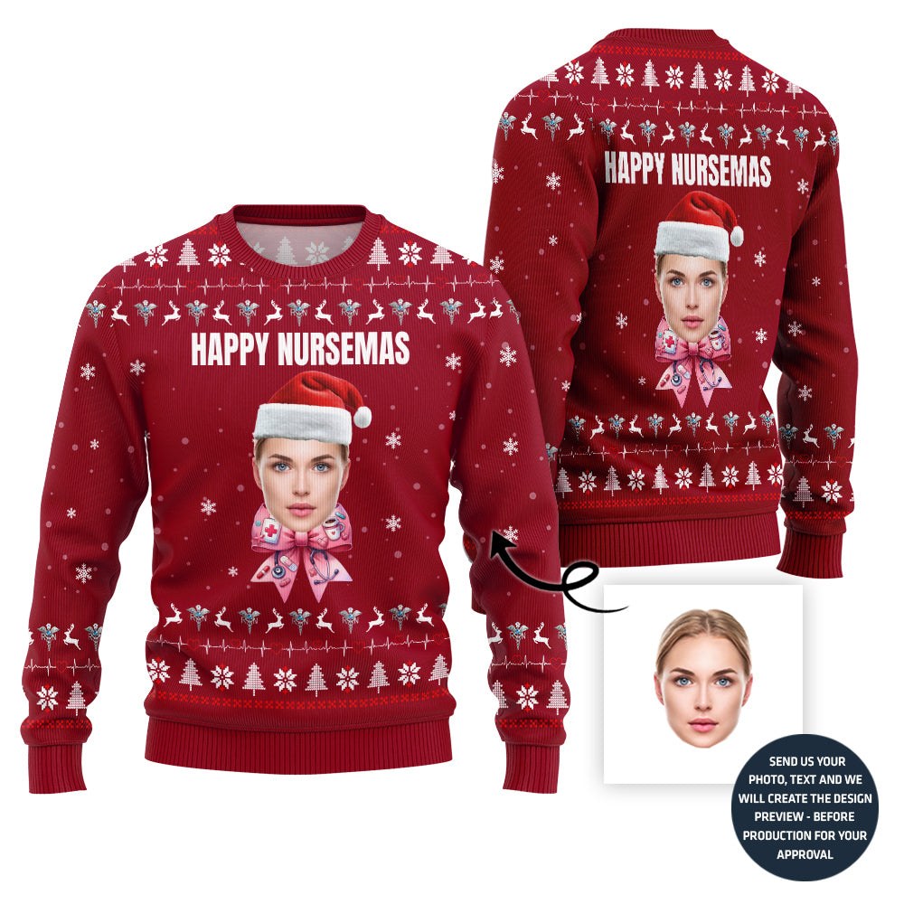 Happy Nurse Custom Face Ugly Sweater With A Bow For Women